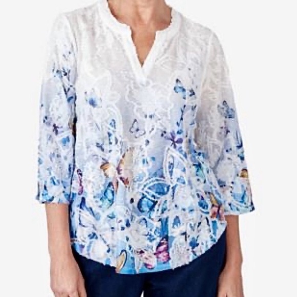 Alfred Dunner Women's In Full Bloom Butterfly Border Jacquard V Neck Top NWT - Picture 9 of 14